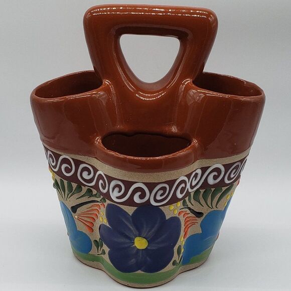 Mexican Talavera Hand Painted  Colourful Floral Art Pottery Utensil Holder - Picture 11 of 13